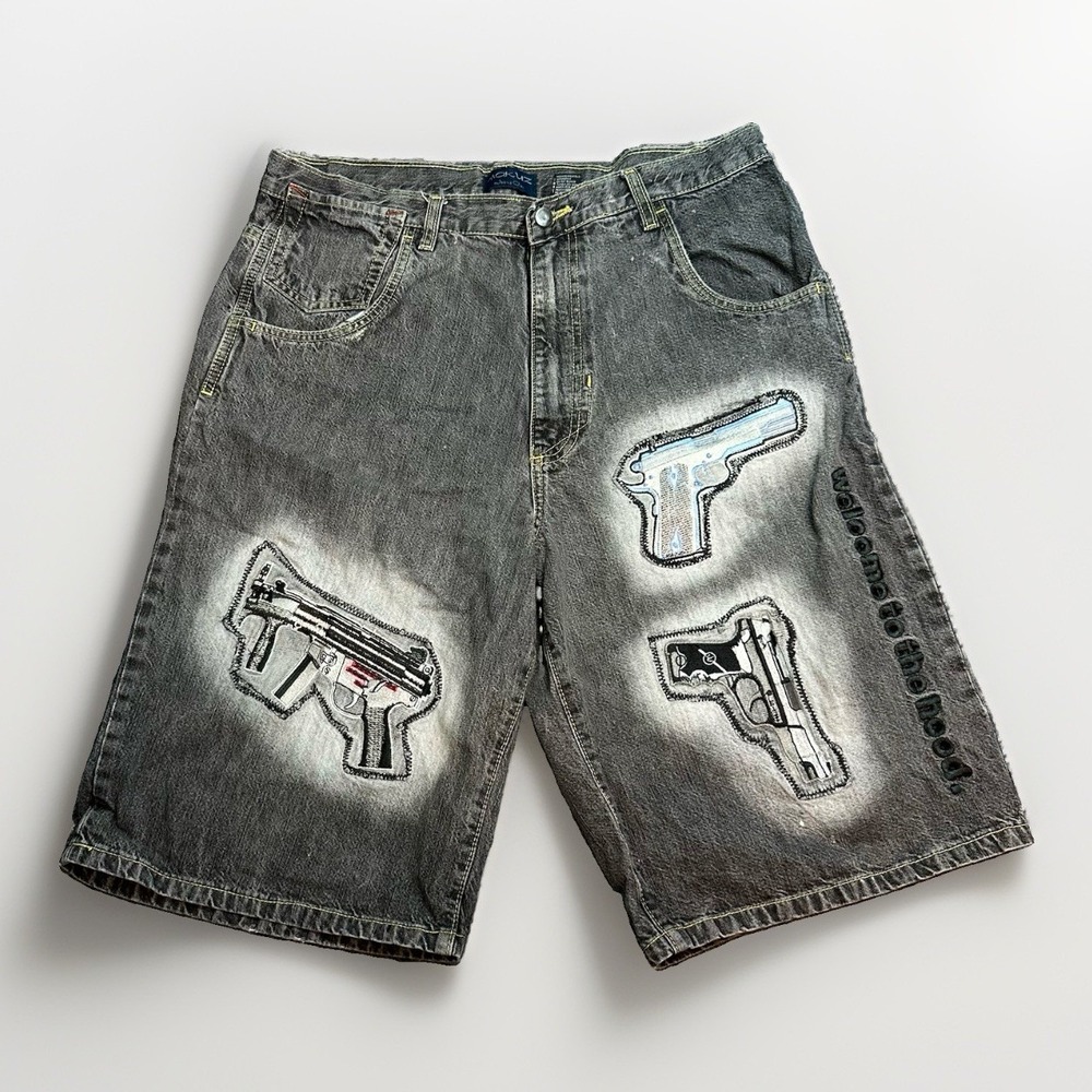 VTG Y2K Nakuz"Welcome to the Hood" Denim Jeans Shorts Gun Graphic Mens Size 36